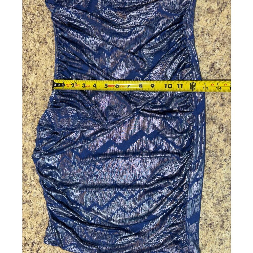 Studio Small Blue Silver Metallic One Shoulder Ruched Cocktail Dress NWT - Picture 8 of 11